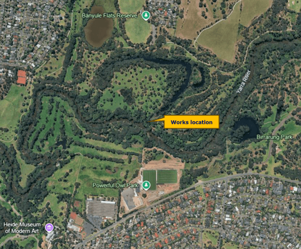 Map of project location within Banyule Flats Reserve, at the southeastern end of the billabong closest to the Yarra River (Birrarung)
