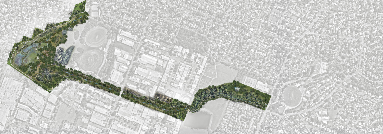 Aerial image of the project area, with the design for the park and stretch of creek overlaid