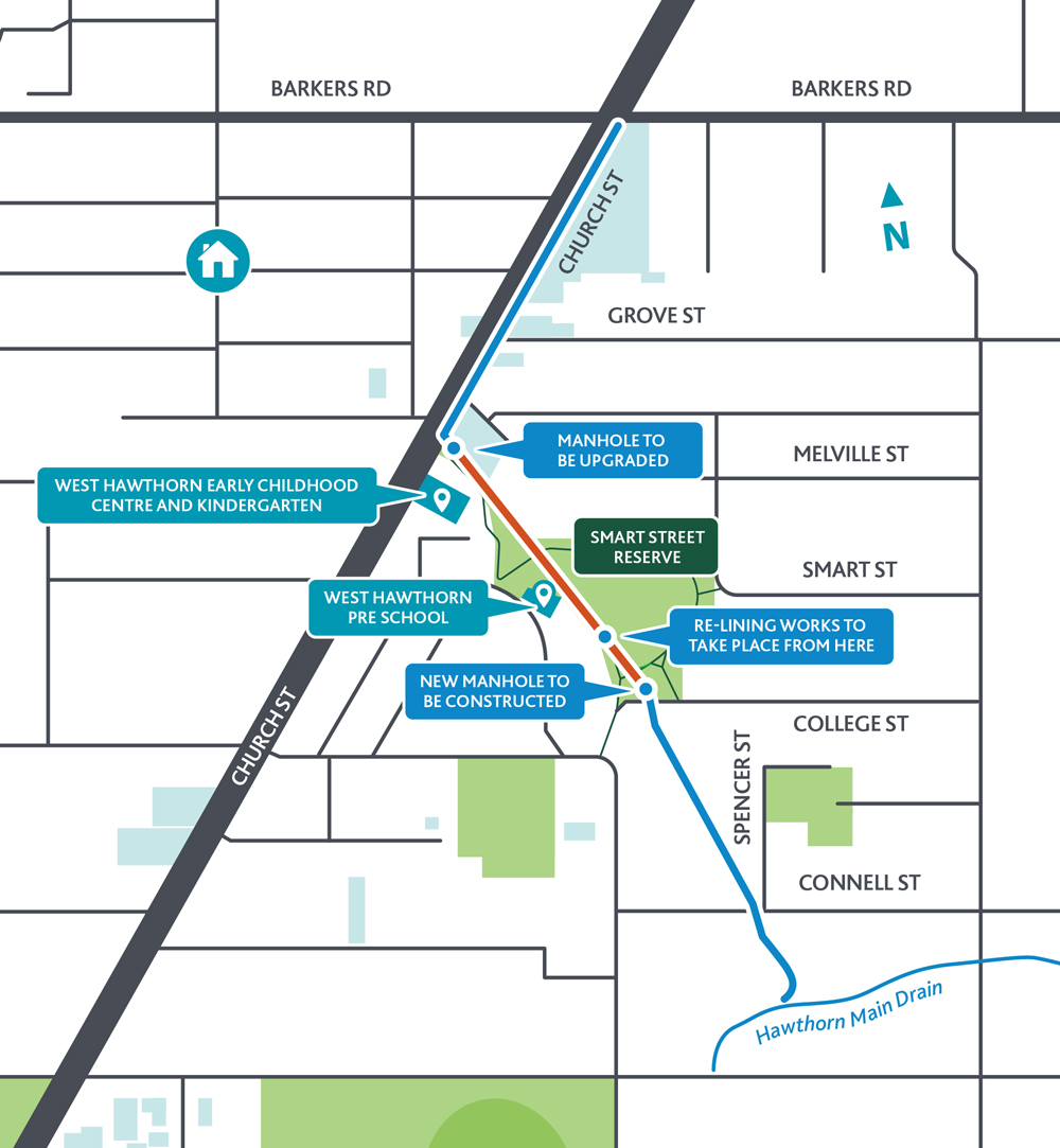 Map of project area indicating re-lining and manhole works. 