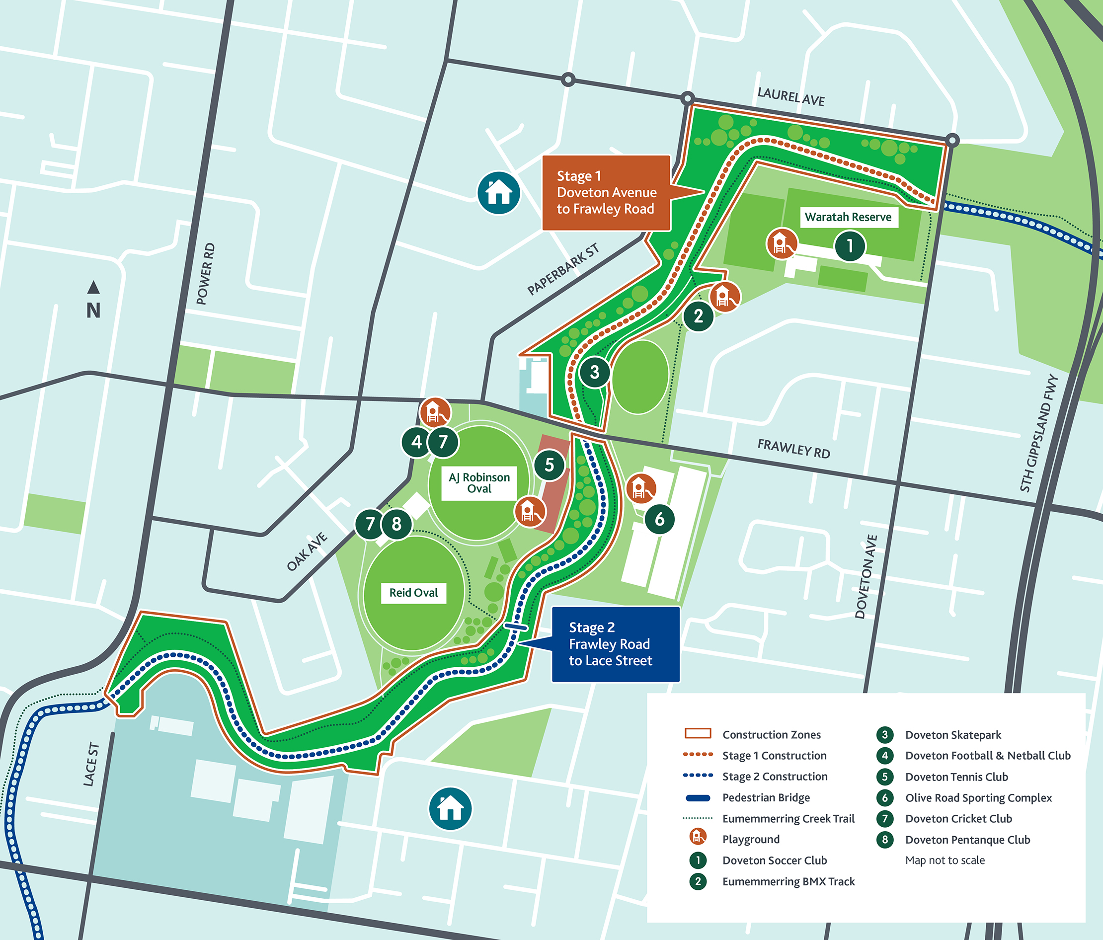 Map of Reimagining Eumemmerring Creek Project work outlining Stage 1 and Stage 2 sections.