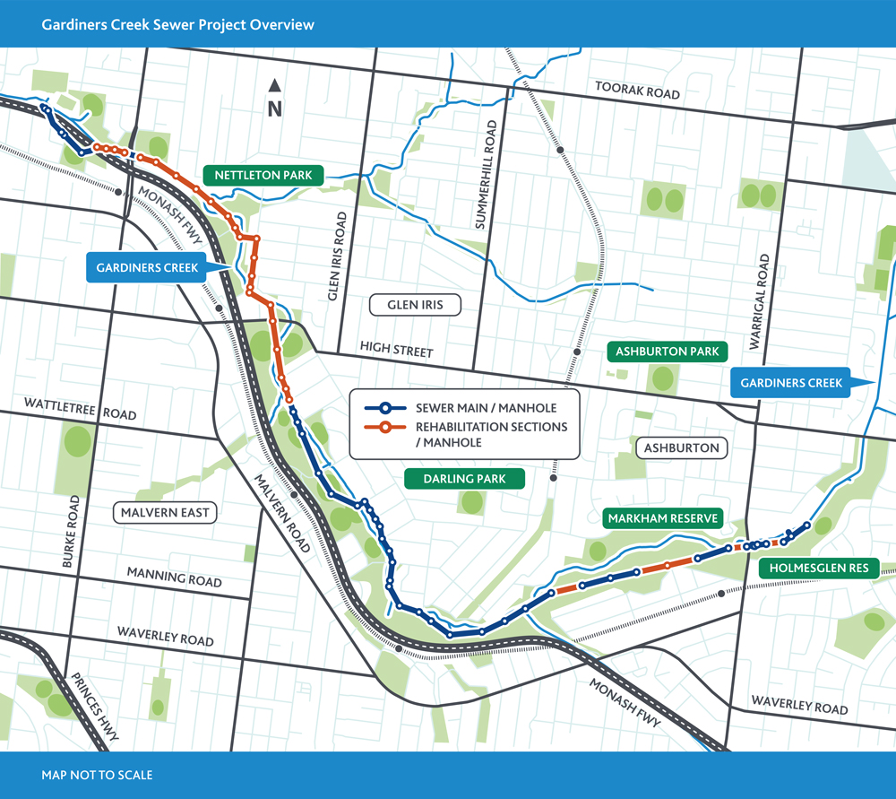Gardiners Creek Sewer Project overview map - work areas