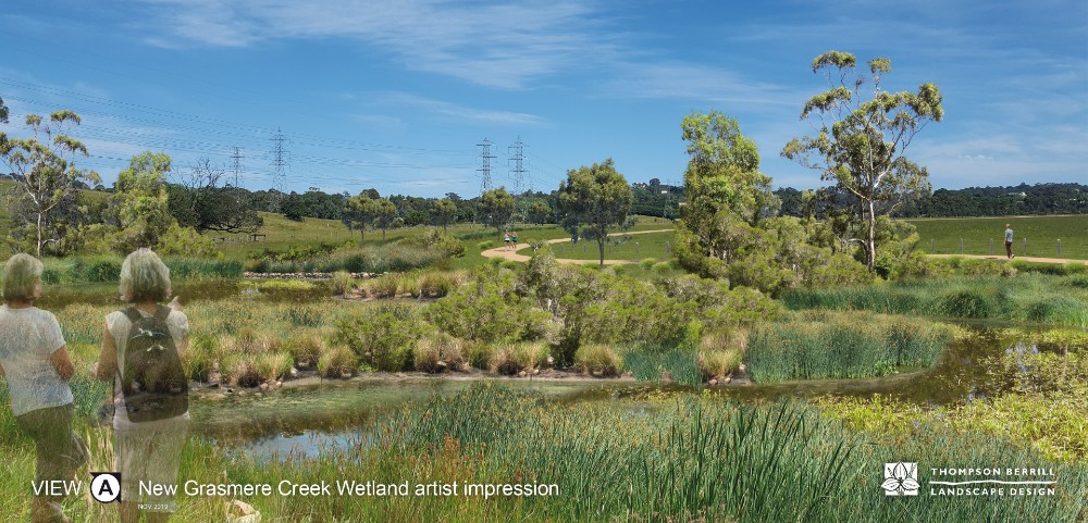 Artist's impression of site after works, showing waterway with walking path, vegetation and trees