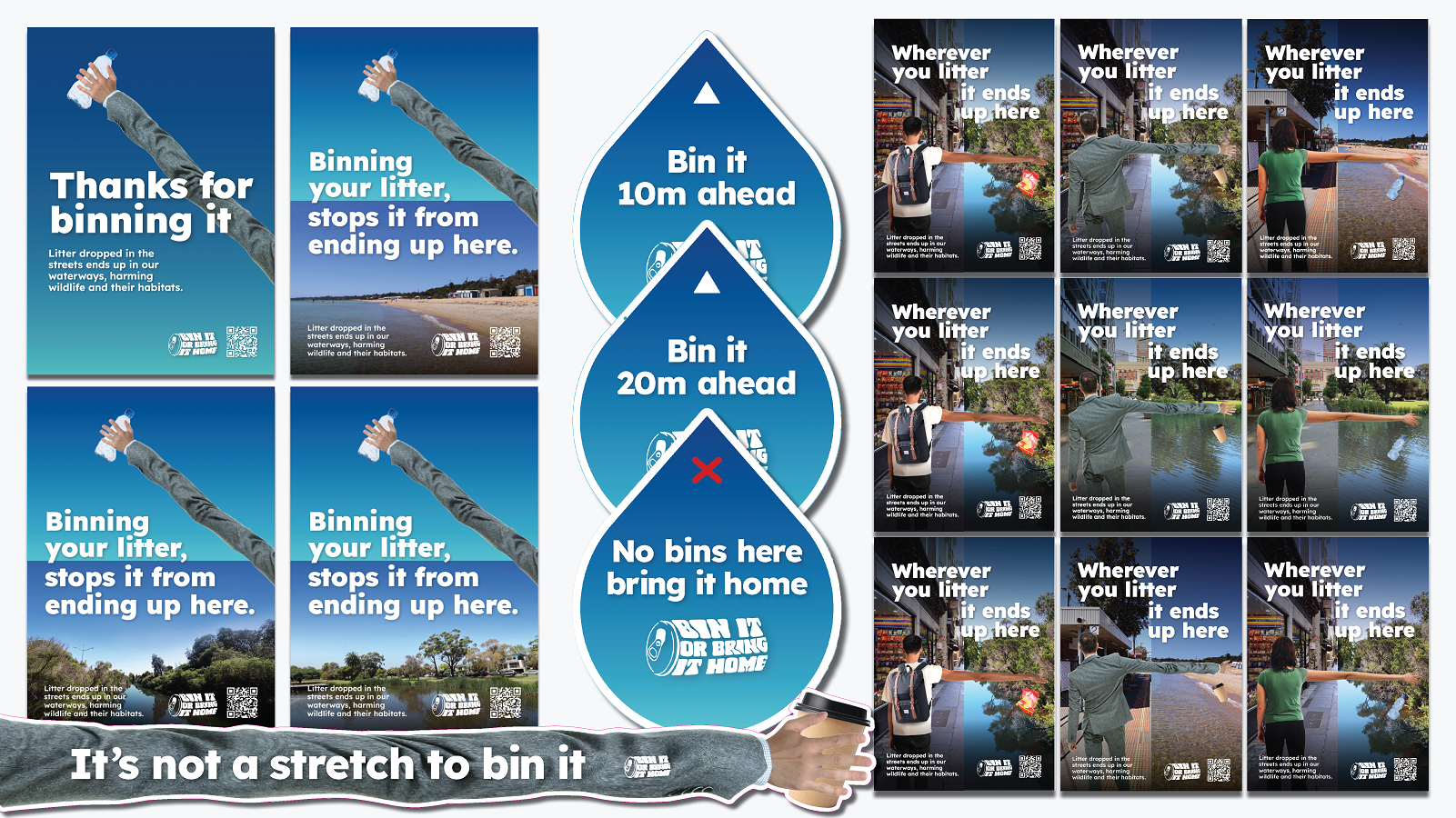 A collage of various images with the general message being to either place your rubbish in the bin or take it home with you.