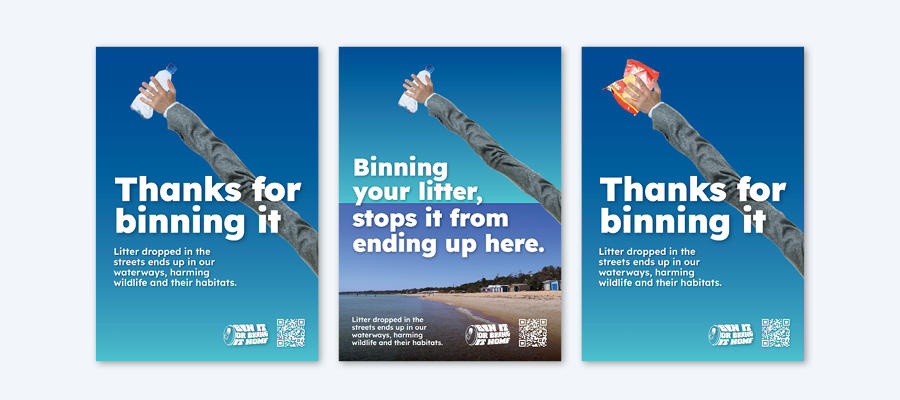 A collage of various images with the general message being to either place your rubbish in the bin or take it home with you.