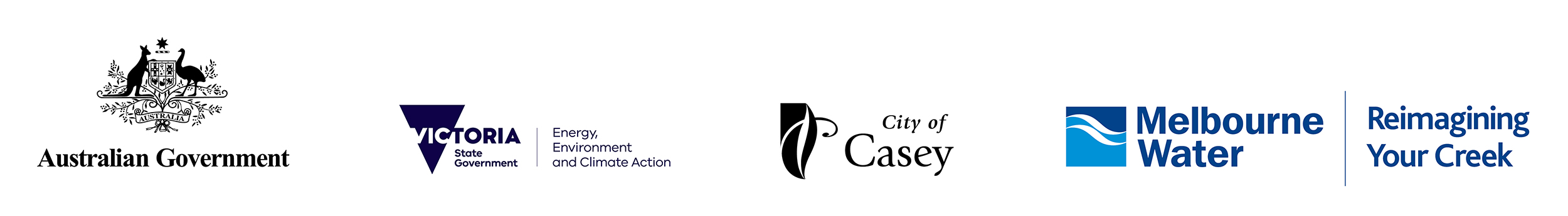 The following logos are displayed: Australian Government, Victoria State Government - Energy, Environment and Climate Action, City of Casey, Melbourne Water - Reimagining Your Creek