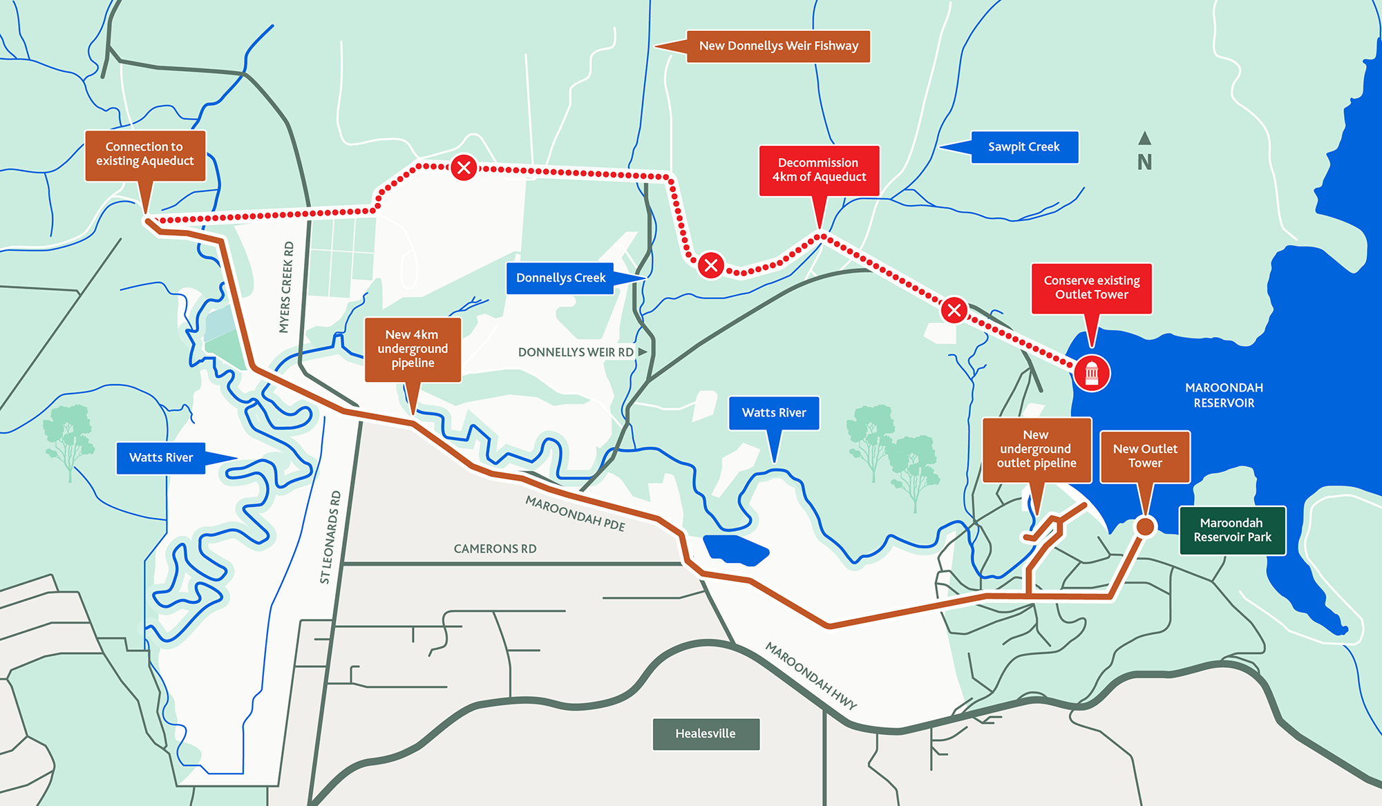A map of Healesville area that shows the new pipeline route as well as the old pipeline route.