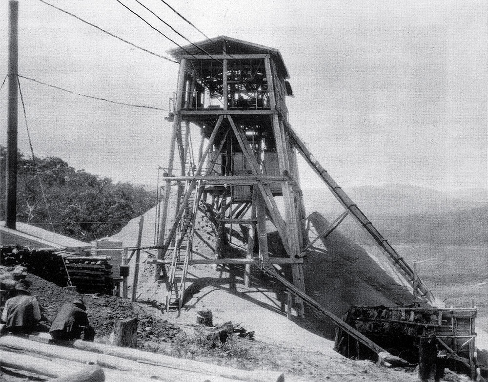 Black and white historic photo of aerial ropeway