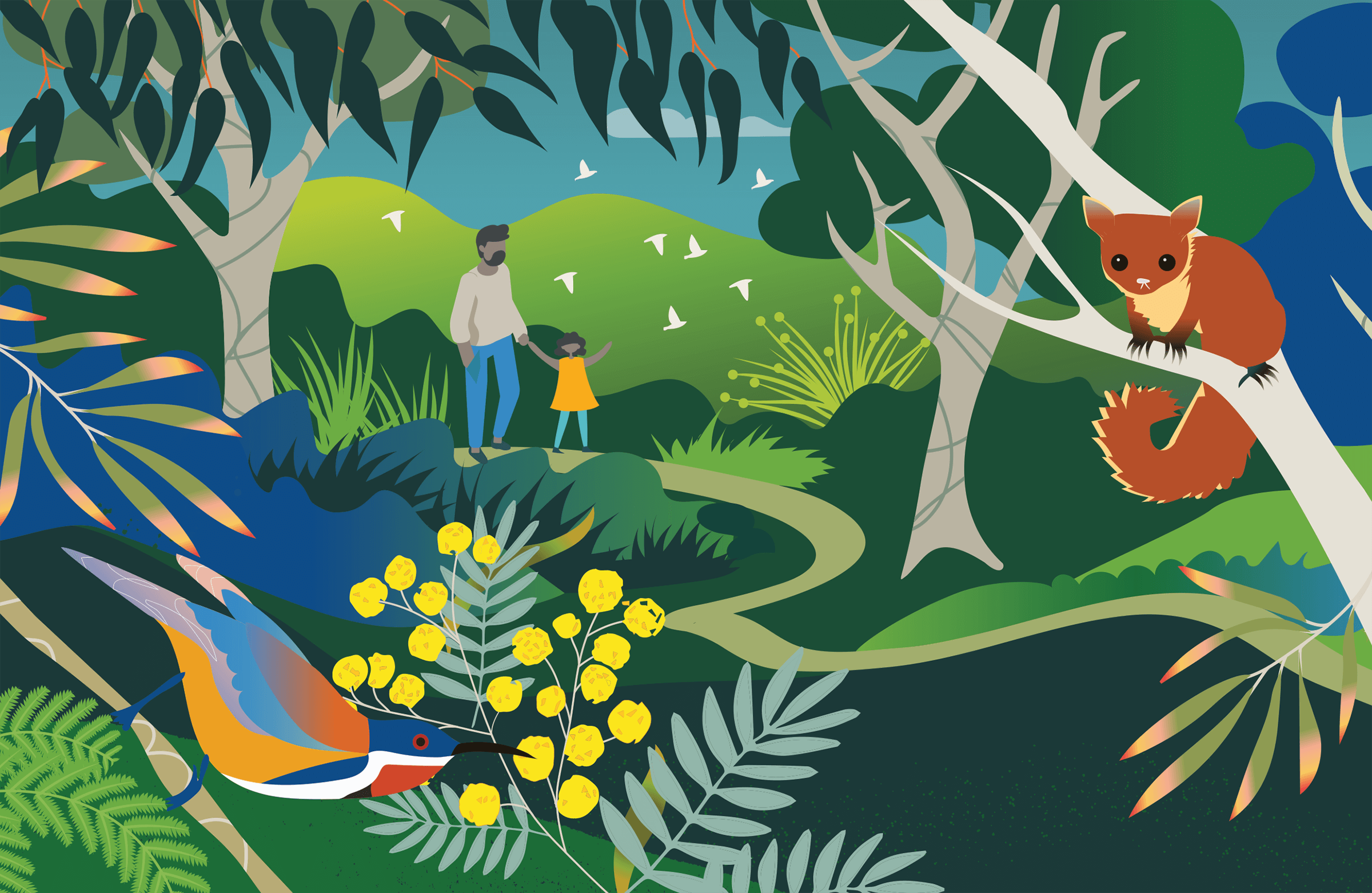 Stylised illustration of two people walking through lush bushland, surrounded by animals.