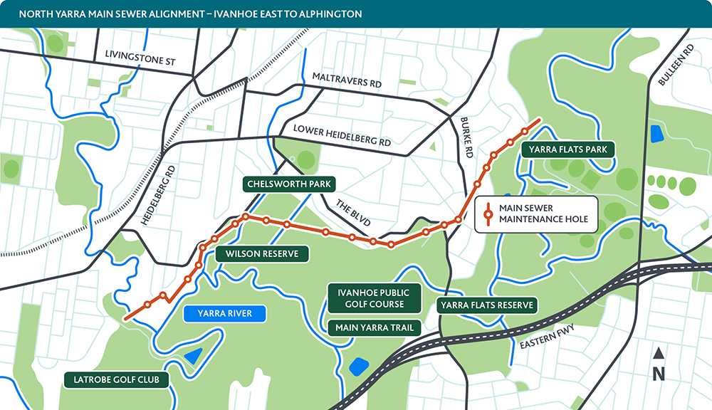 Work alignment between Ivanhoe East and Alphington to the north of the Yarra river