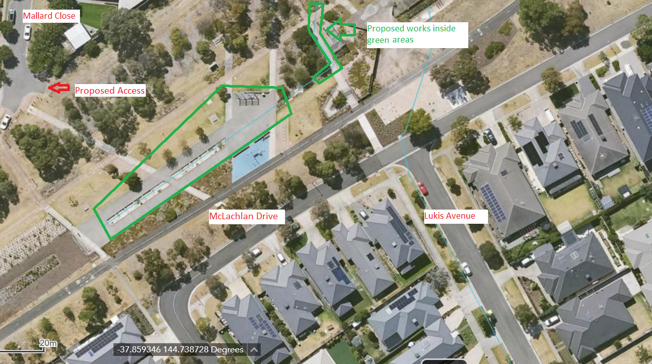 Location of maintenance works at Pilot Park, showing proposed access from Mallard Close