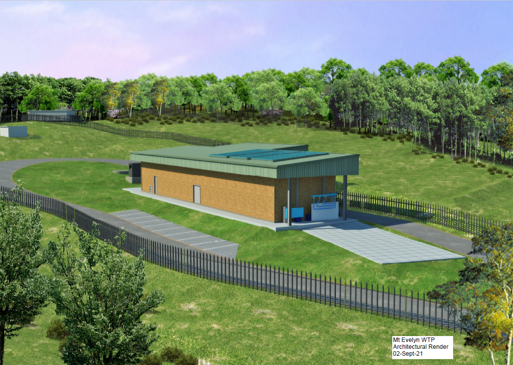 Artist impression of Mount Evelyn Water Treatment Plant with flat roof, surrounded by fence and circular driveway.
