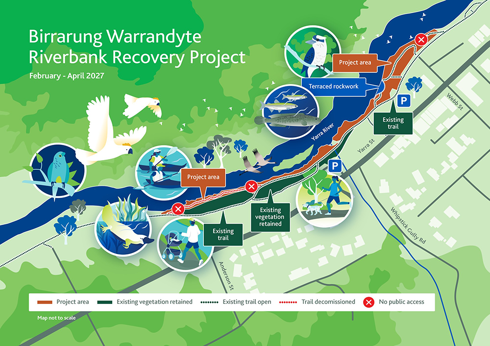Map of Warrandyte shows the project area between Anderson Street and Webb Street along the Yarra River. It also shows the location of the existing trail, new terraced rockwork and where existing vegetation will be retained.