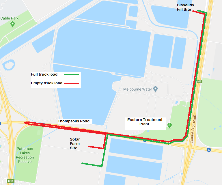 Trucks will be travelling down Thompsons Road between the Patterson Lakes Recreation Reserve and Eastlink between the Solar Farm Site and the Biosolids Fill Site.