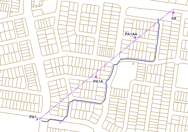 Sample scheme layout showing difference in pipe alignments between the scheme requirements and the as constructed