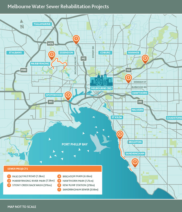 This is a map of Melbourne Water's sewer rehabilitation projects