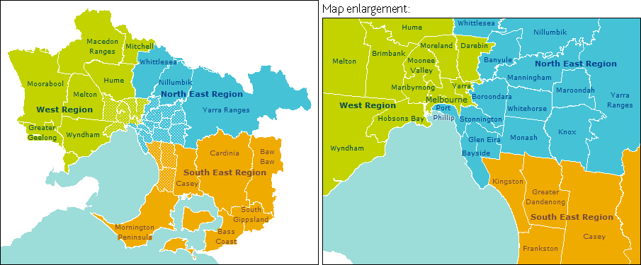 Map allocating local government areas into three regions: west, north east and south east. Reimbursement rates may differ according to each region.