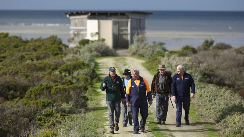 Birdwatchers walking from bird hide at the Western Treatment Plant