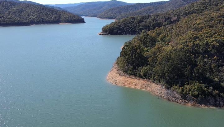 Aerial view of Upper Yarra Reservoir, with water levels low