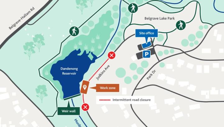 A map of Belgrave Lake Reserve showing the site office, work zone and where intermittent sections of Judkins Avenue will be closed for the Monbulk Creek Smart Water Network upgrade.