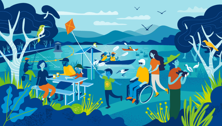 Illustration of community enjoying recreational activities beside a reservoir