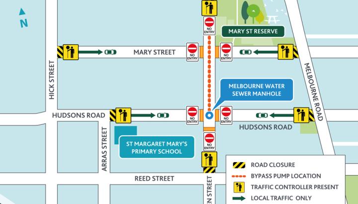 Map showing road closures of:	Cullen Street (between The Avenue and Reed Street) Mary Street (between Hicks Street and Melbourne Road) Hudsons Road (between Arras Street and Melbourne Road) 