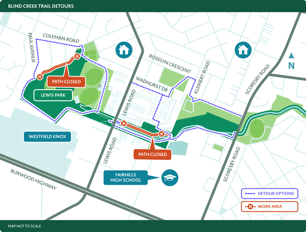 Map showing closure of shared path east of Lewis Road, and detour options