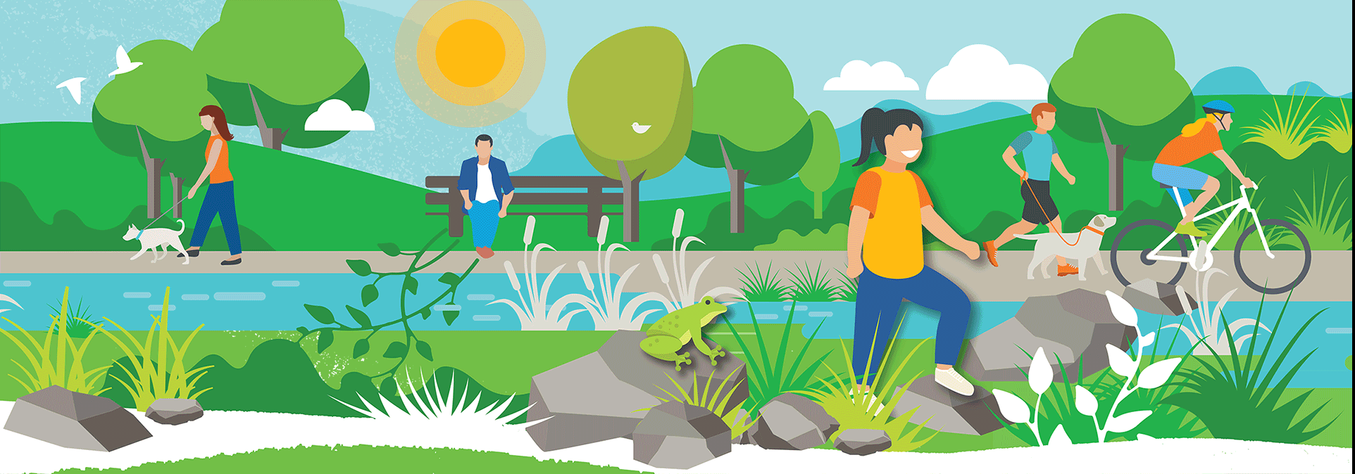 Illustration of people walking, cycling and exporting a creek