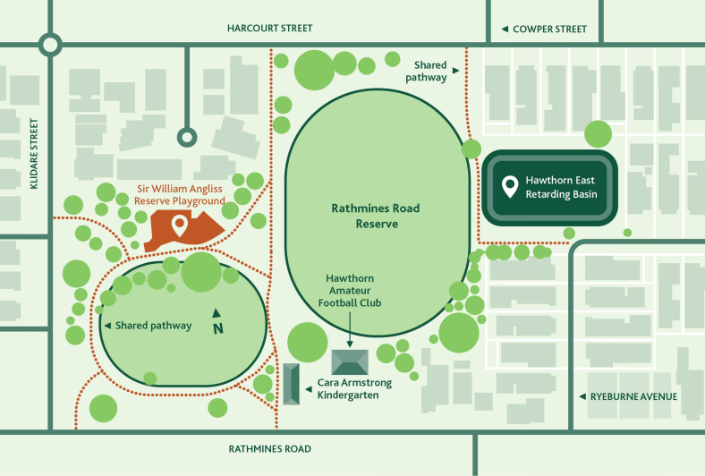 Map of basin location, east of Rathmines Road Reserve between Harcourt Street and Rathmines Road