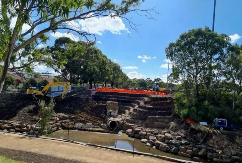 Construction of pond and terracing in progress - Merri-bek Council side of creek