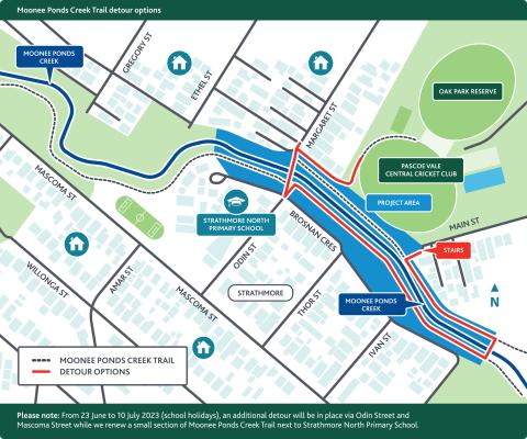Detour map for temporary closures to Moonee Ponds Creek Trail