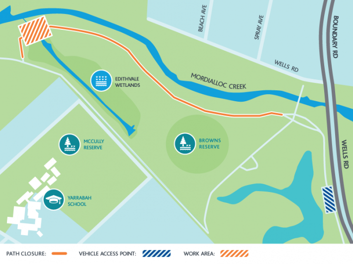 Browns Reserve work area map Map of work area, showing path closure along Mordialloc Creek and work area north of Edithvale Wetlands. Vehicle access point is off Wells Road.