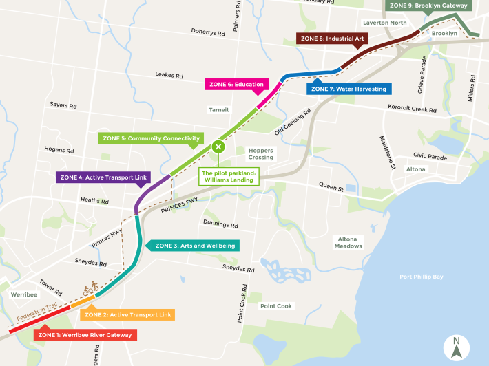 Map of pipeline reserve from Spotswood to Werribee, showing each of the nine zones.