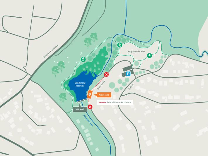 A map of Belgrave Lake Reserve showing the site office and work zone for the Monbulk Creek Smart Water Network upgrade.