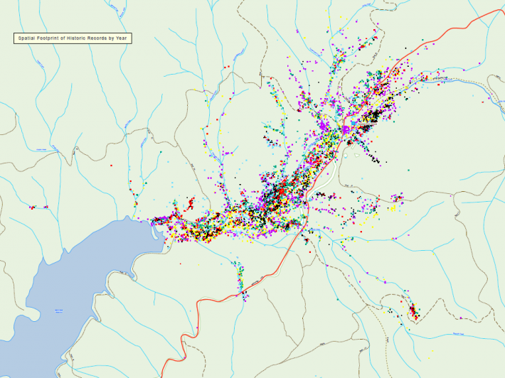 Watts River catchment - cestrum 2006-2019 Map of red cestrum from 2006 to 2019, showing a concentration extending from the northeast edge of Maroondah Reservoir.