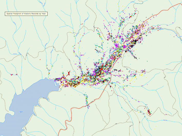 Map of red cestrum from 2006 to 2019, showing a concentration extending from the northeast edge of Maroondah Reservoir.