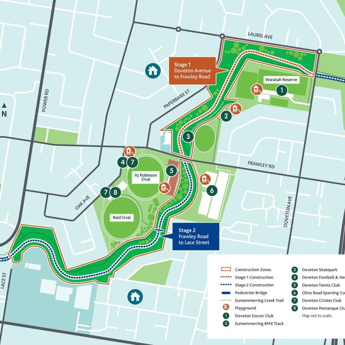 Map of Reimagining Eumemmerring Creek Project work outlining Stage 1 and Stage 2 sections.