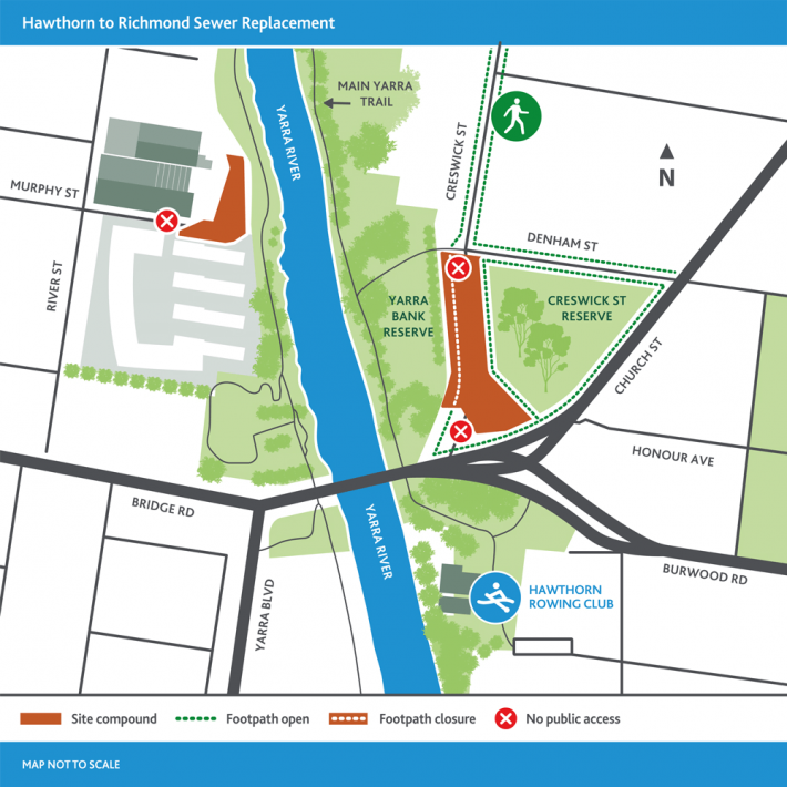 Map of project area, showing no public access on Murphy Street (east of River Street) and Creswick Street (south of Denham Street), where the site compounds are located.
