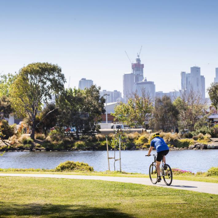 Riding along Maribyrnong with CBD in background