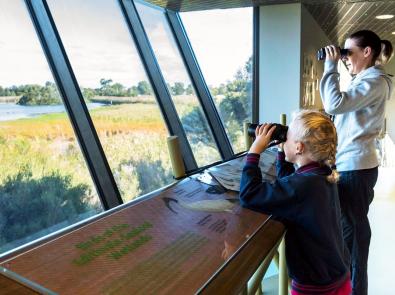 Woman and child with binoculars look out the window of the centre into the wetland