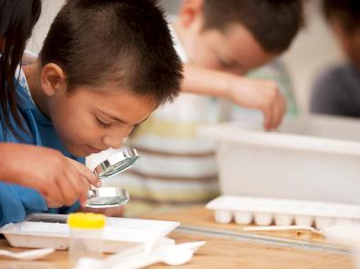 Child with microscope identifying waterbugs