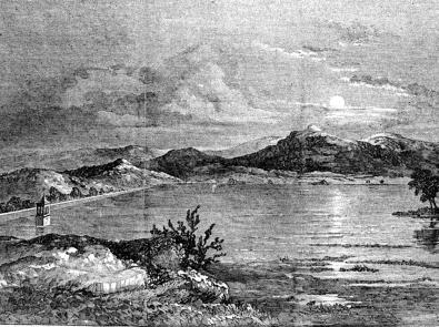 Black and white etching of Yan Yean Reservoir