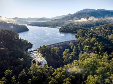 Aerial view of Maroondah Reservoir and spillway