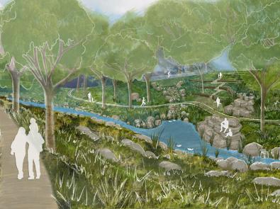 Artist's illustration of Moonee Ponds Creek with a pond at Oak Park, naturalised waterway, terraces and daylighting of the drain. 