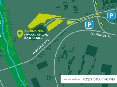 Map of planting area at 270A Old Geelong Road, east of Kororoit Creek and north of Federation Trail. Access via the turn off from Old Geelong Road, with parking areas either side.