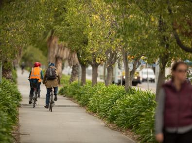 Two people ride bikes along a shared pathway on Melbourne Water land