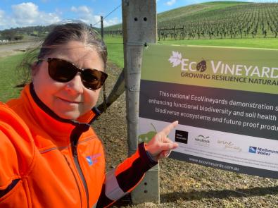Sustainable Agriculture Facilitator Karen Thomas, at the De Bortoli vineyard as part of the EcoVineyards project