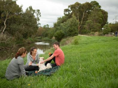 Three adults and dog enjoying picnic by Merri Creek