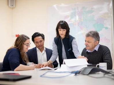 four office workers viewing a report