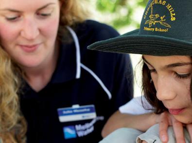 Melbourne Water staff talking with primary school students