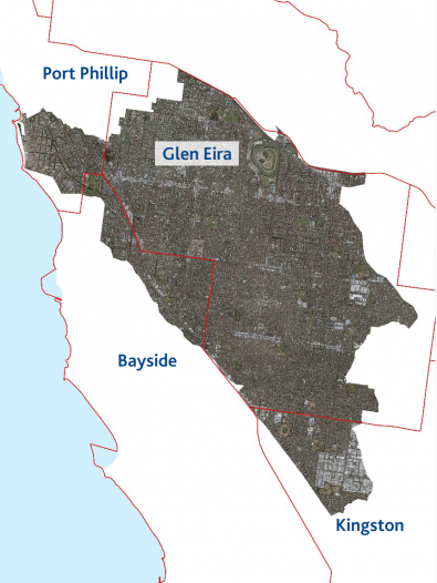 Catchment map, showing majority of catchment within the City of Glen Eira but extending in to the councils of Port Phillip (north west), Bayside (south) and Kingston (south east)